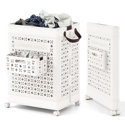White 20 Gallon Large Capacity Foldable Laundry Clothes Basket with Wheels and Small Hanging Bin - 17" x 13.5" x 24"