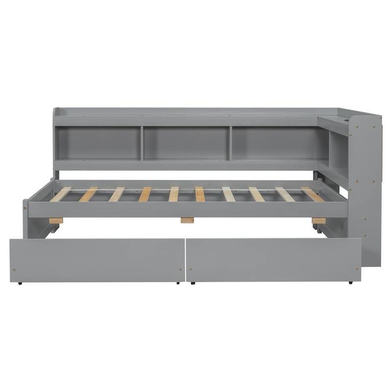 Twin Size L-shaped Bookcases Bed with Power Outlets