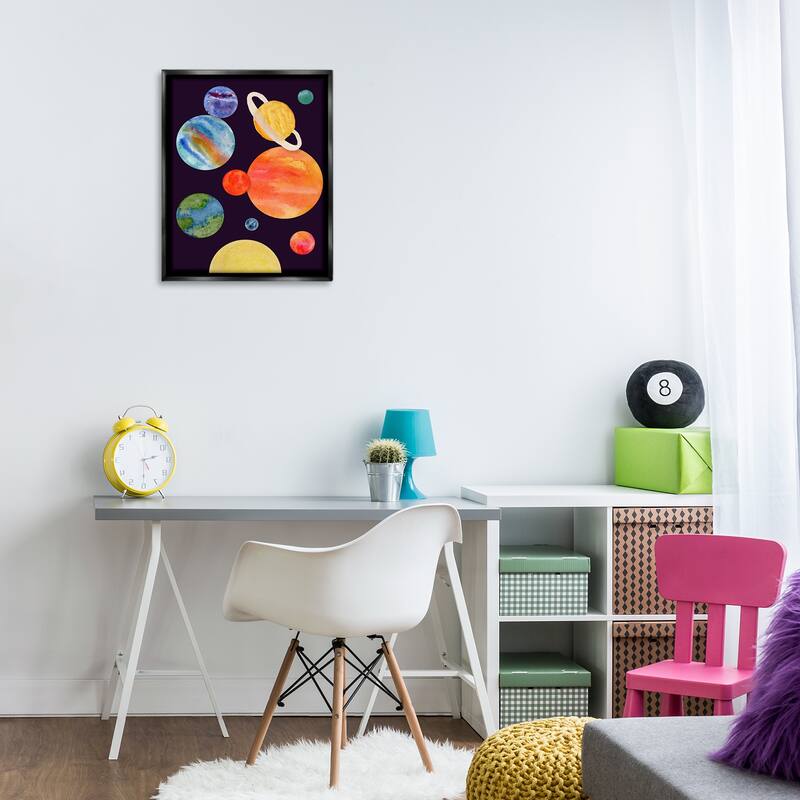Stupell Watercolor Planets on Black Framed Floater Canvas Wall Art Design By Corinne Rose Designs