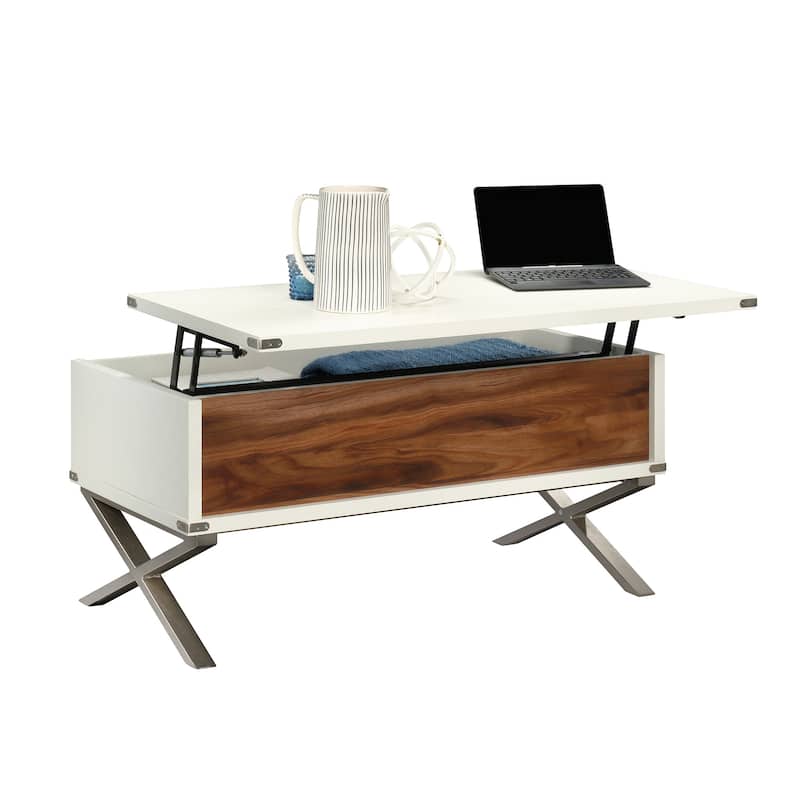 Wood Lift-Top Coffee Table with X metal legs, White/Brown - 39.21" L x 19.69" W x 18.78" H