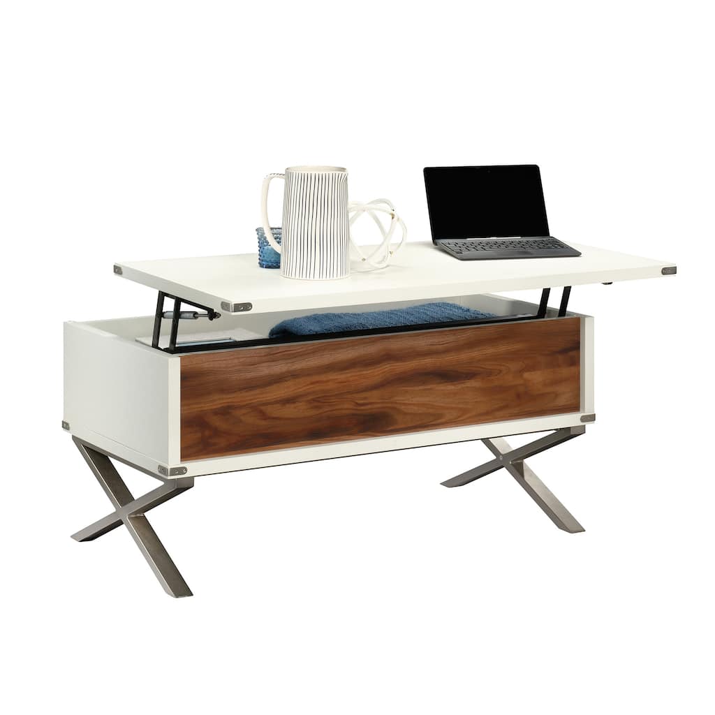 Wood Lift-Top Coffee Table with X metal legs, White/Brown - 39.21" L x 19.69" W x 18.78" H