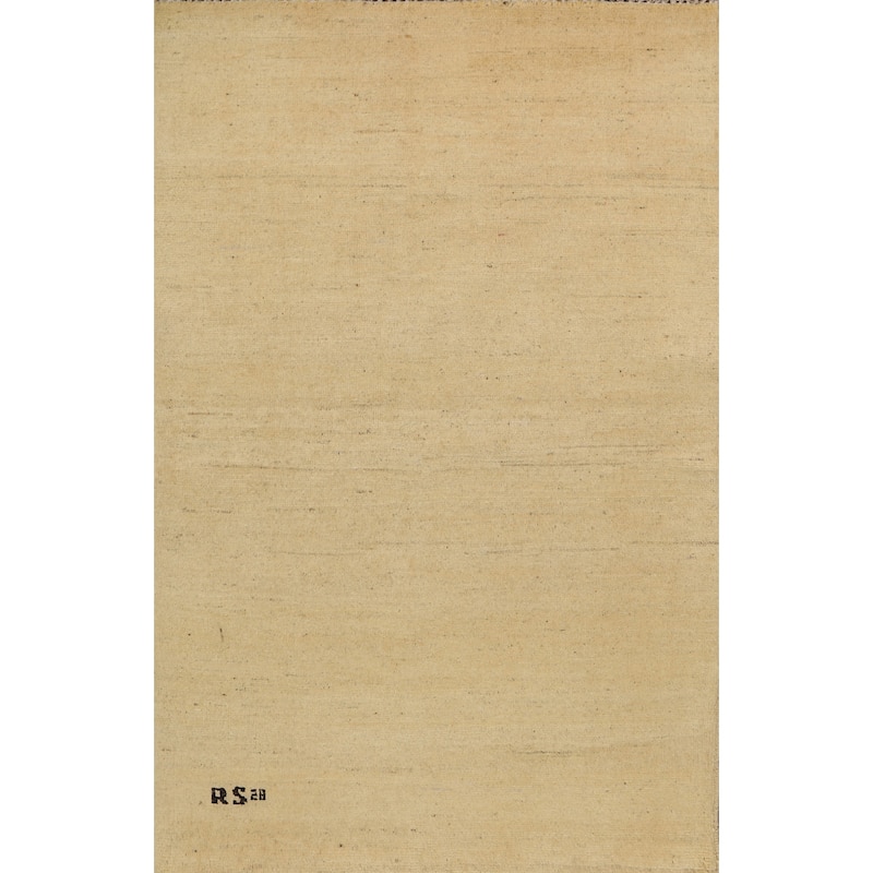 Muted Yellow Gabbeh Modern Foyer Rug Handmade Wool Carpet - 3'4"x 4'10"