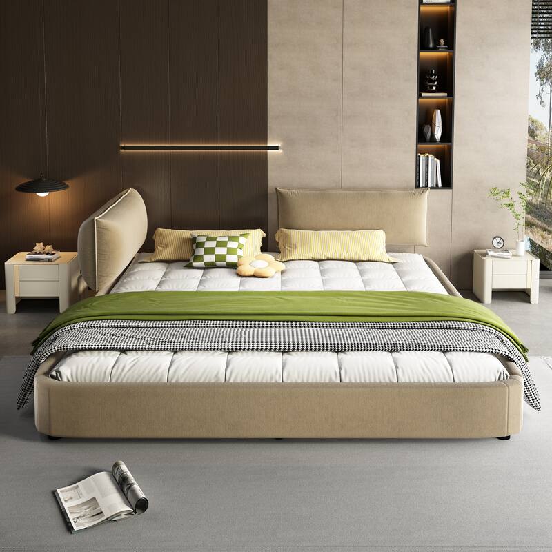 Low Profile King Size Cloud Bed Frame with Movable Headboard, Chenille Platform Bed with Metal/Solid Wood Slat Double Support
