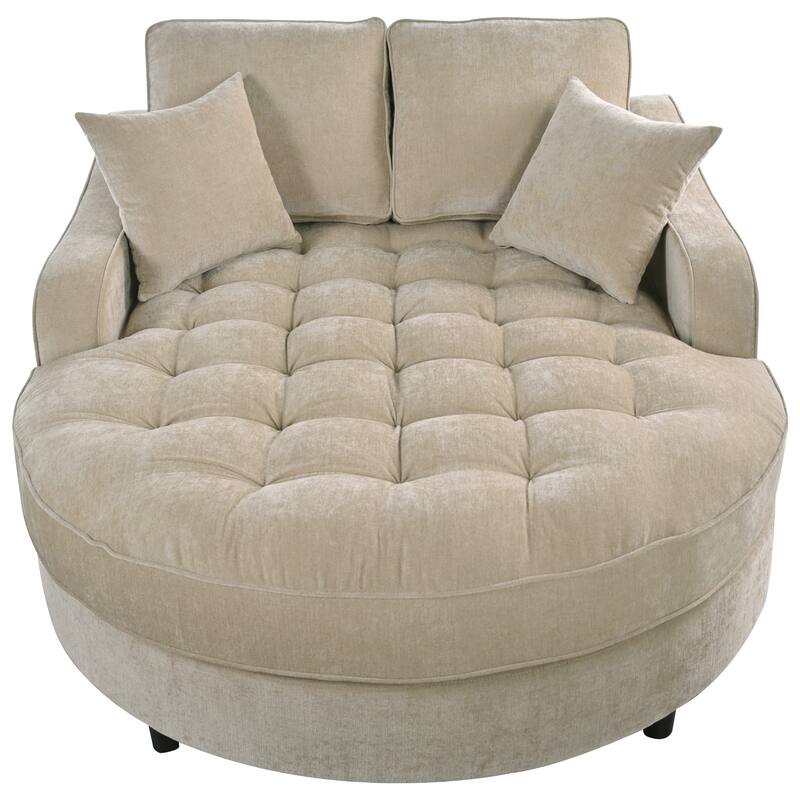 55" Champagne Chenille Chaise Lounge Sofa Bed with Tufted Seat and Detachable Pillows