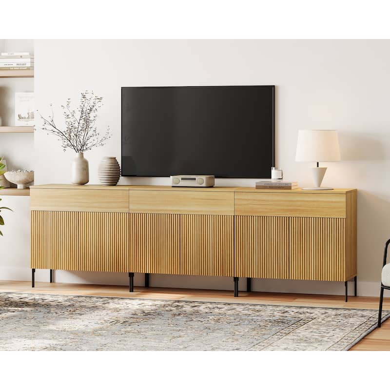 31.5" Modern Reeded TV Stand With Doors, Entertainment Center With Shelf, Wooden TV Console