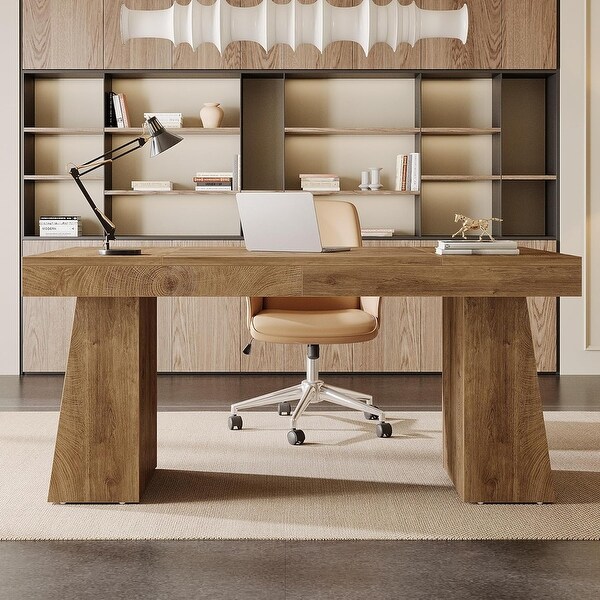 55 Inches Brown Wood Large Executive Desk for Home Office - On