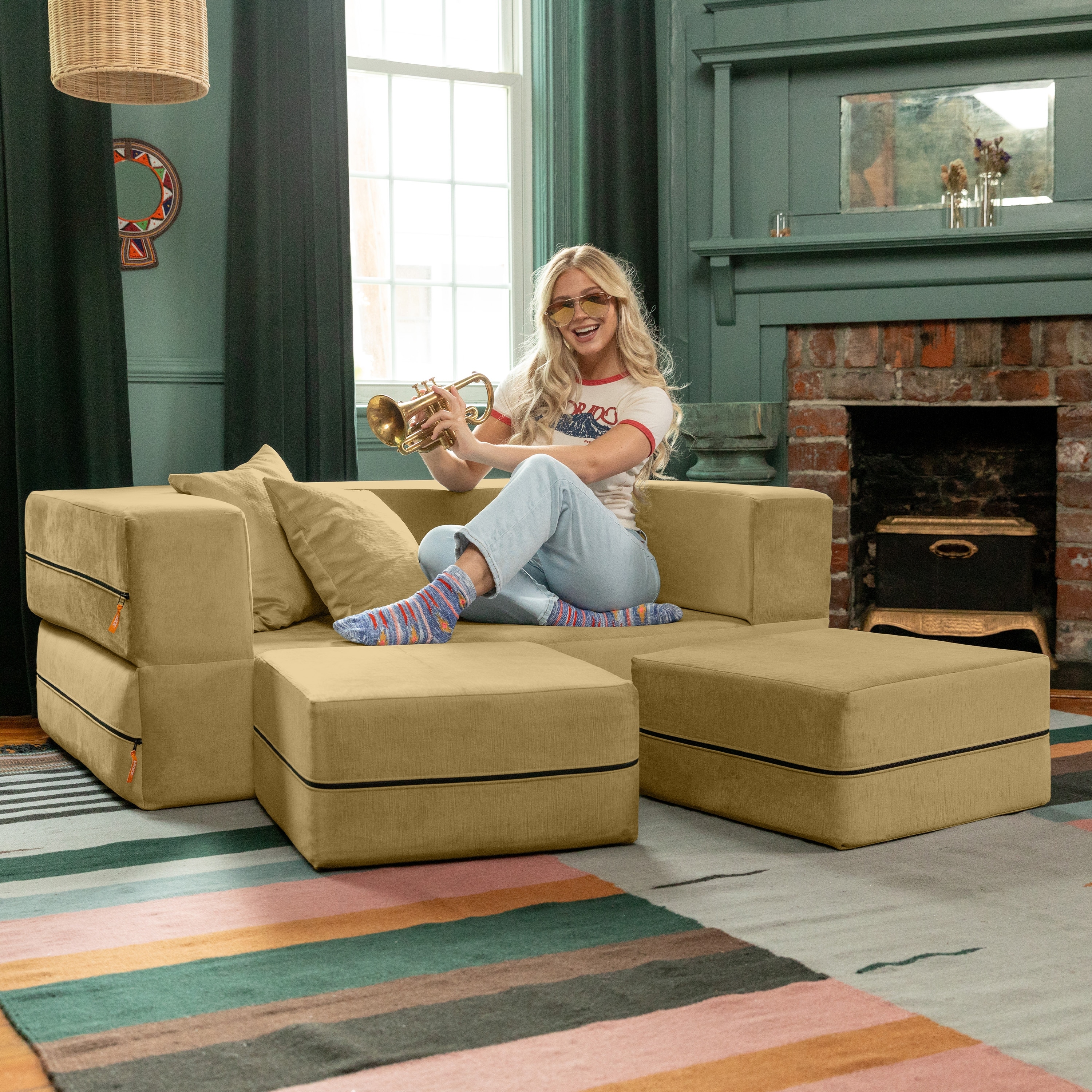 Jaxx Zipline Convertible Queen-size Sleeper Loveseat, Ottoman