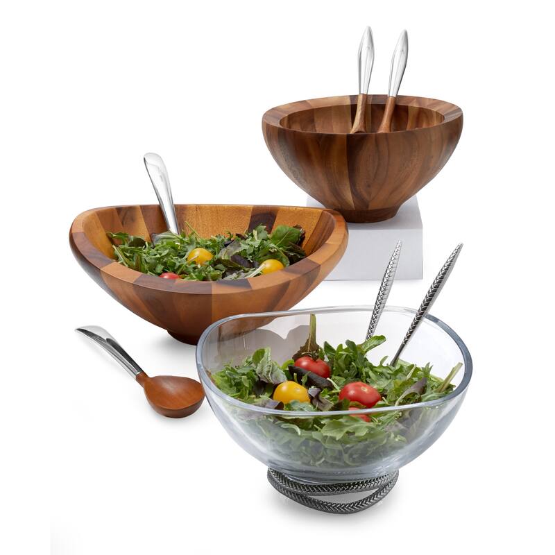Nambe Braid Glass Salad Bowl with Servers - Bowl: 12"D x 6"H; Servers: 10.5"L x 2.5"W
