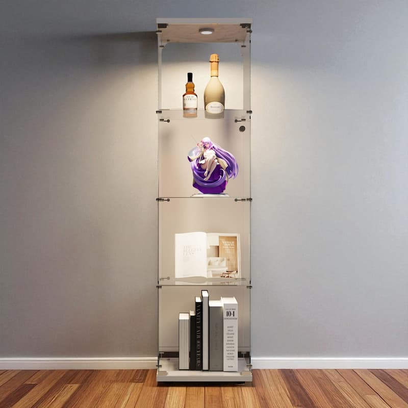 Tempered Glass Display Cabinet with Remote Control LED Lights, Lockable Storage Shelves and Adjustable Feet