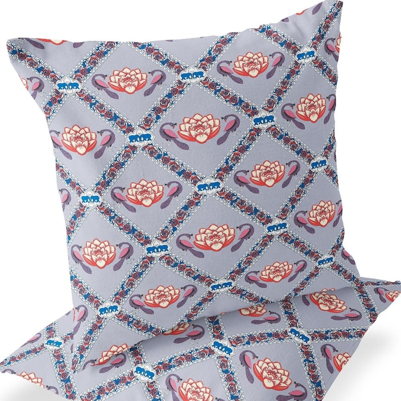 HomeRoots Set of Two 16" X 16" Blue and Gray Peacock Blown Seam Floral Indoor Outdoor Throw Pillow - 16.00' X '16.00' X '5.00