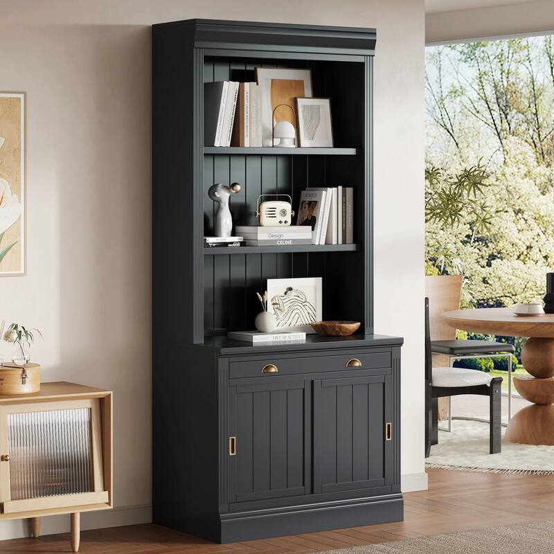 83.4" Tall Bookshelf, Modern Bookcase with Sliding Doors & Open Shelves - Black