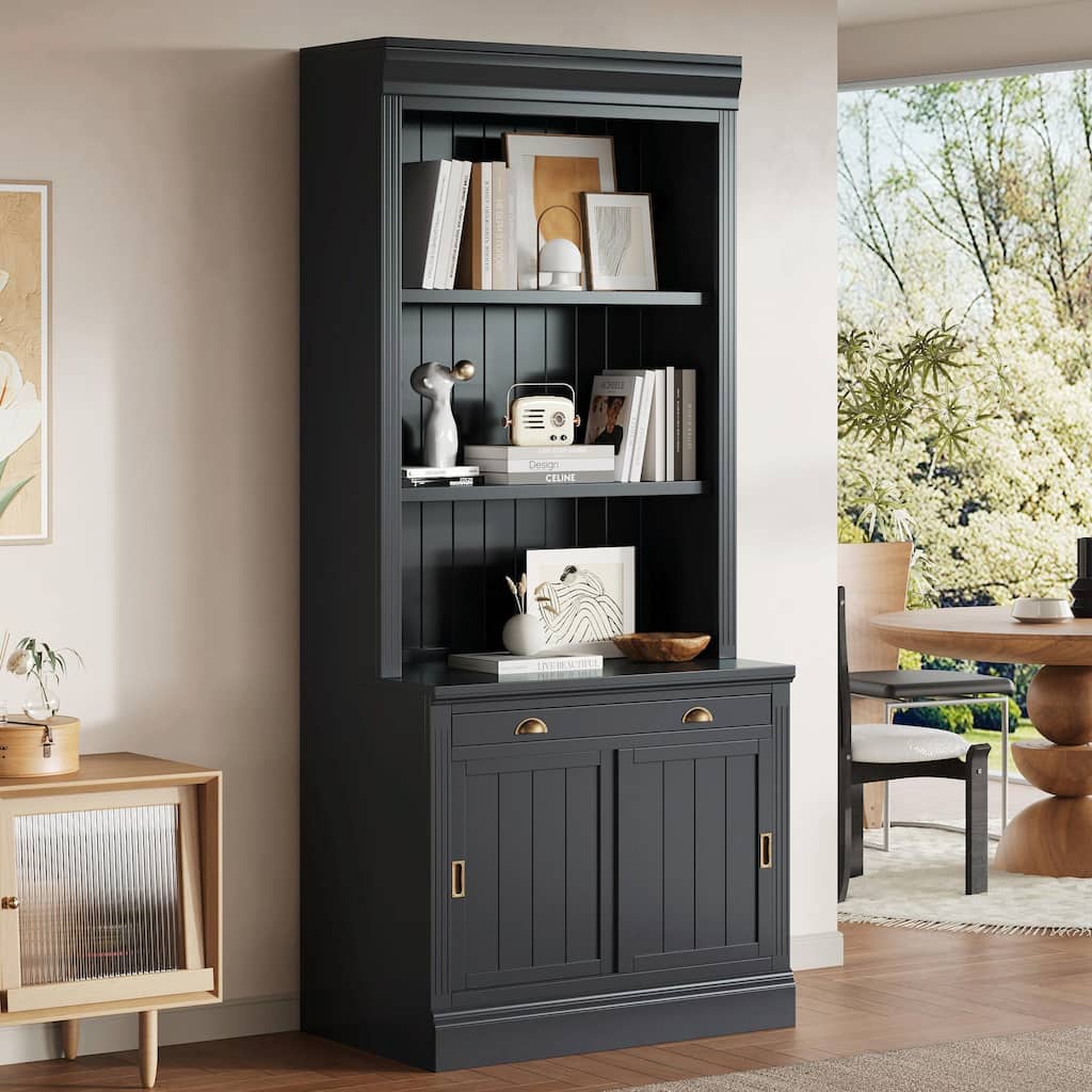 83.4" Tall Bookshelf, Modern Bookcase with Sliding Doors & Open Shelves
