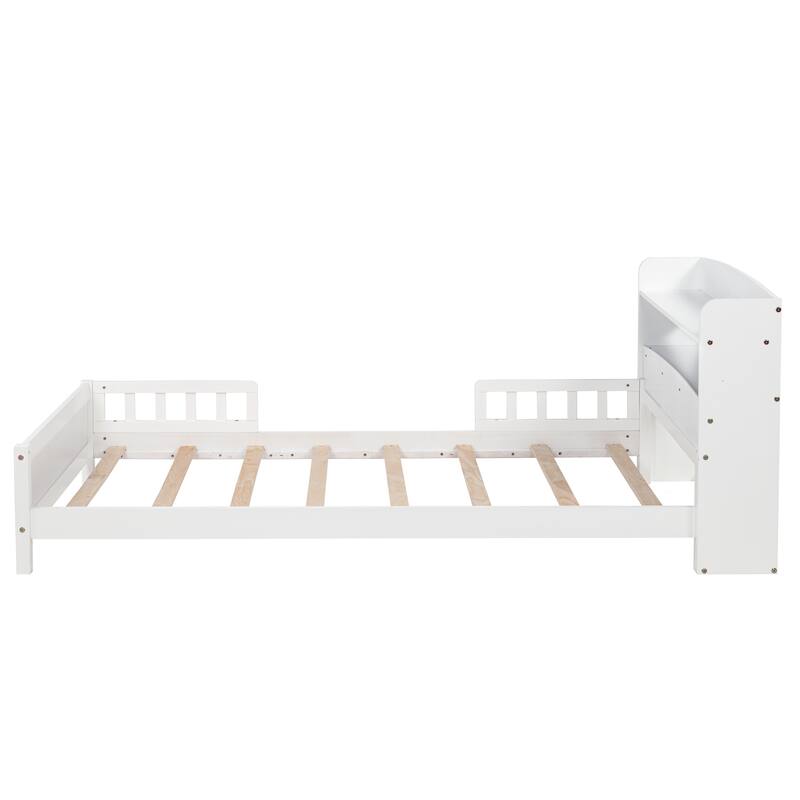 Twin Size Pine Bed w/ Bookcase Headboard ,LED Sensor Light, Guardrails