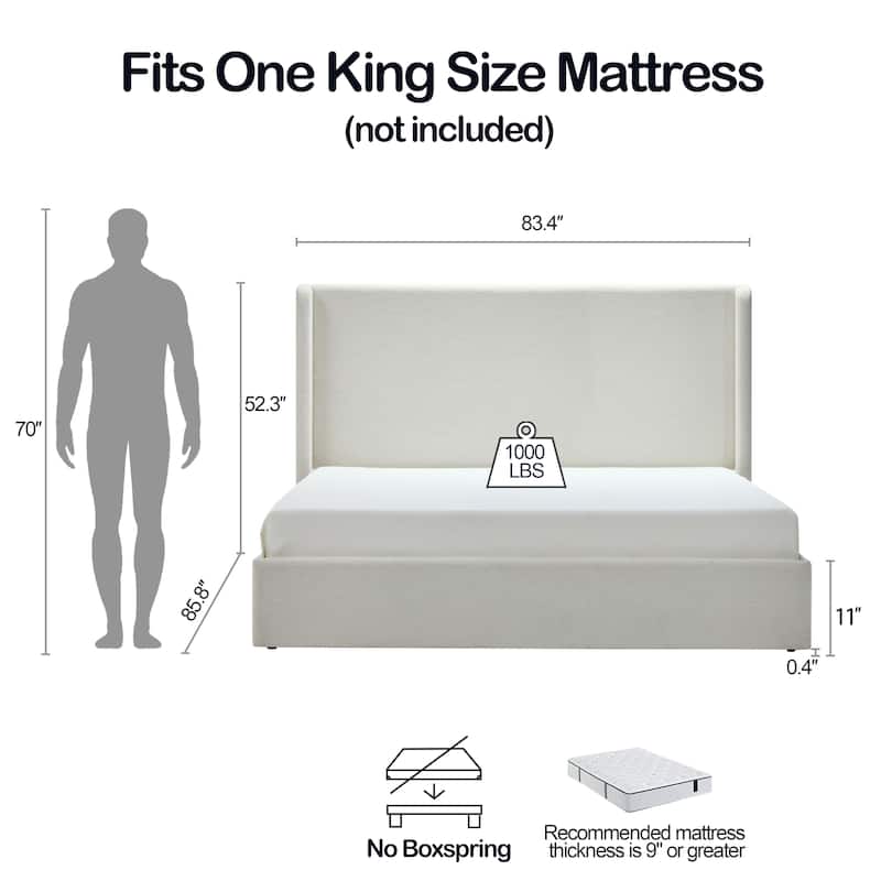 Christopher Knight Home - Carmen Upholstered Wingback Platform Bed Frame, Textured Ivory Chenille, No Box Spring Needed