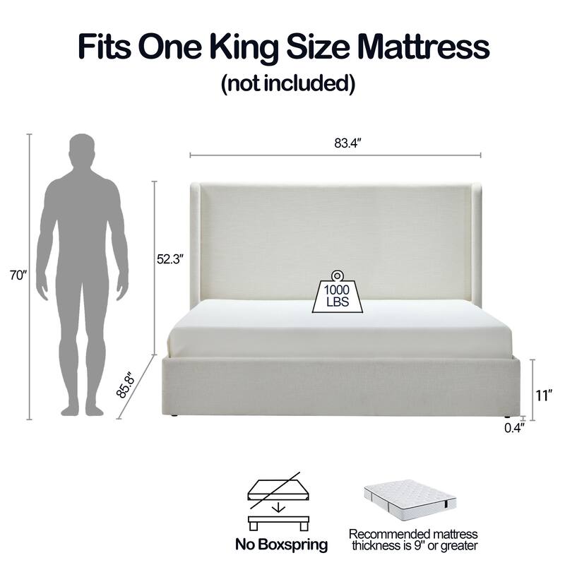 Upholstered Wingback Bed / Upholstered Platform Bed Frame / 52.3" High Headboard / No Box Spring Needed / Easy Assembly / King