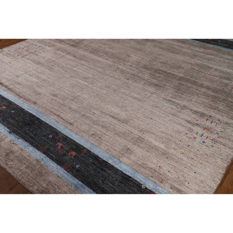 Hand Knotted Oriental Viscose Silk Carpet Tribal Stripe Greys & Charcoal Gabbeh Area Rug - 9' 7'' X 8' 5''