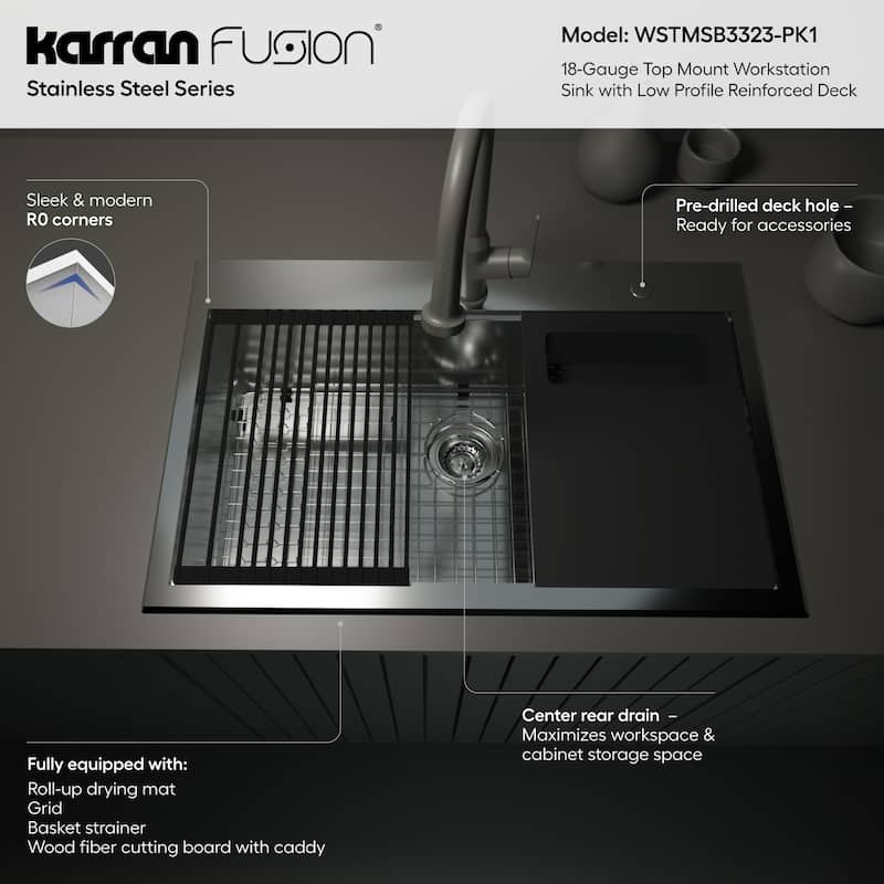 Karran Fusion Top Mount 33-in x 22-in Stainless Steel Single Bowl Workstation Kitchen Sink