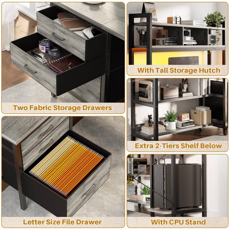 Ultimate L-Shape Gaming Desk with Bookshelf Hutch and 3 Fabric Drawers, Computer Desk with Power Outlets and LED Lights