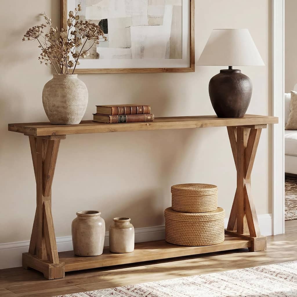 Solid Wood Console Table for Entryway, 63-Inch Narrow Sofa Table Behind Couch - 62.99" L × 11.81" W × 31.89" H