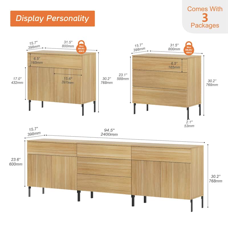 94.5" Modern Reeded 5-Drawer Dresser Set For Bedroom, Minimalist Chest Of Drawers With Storage