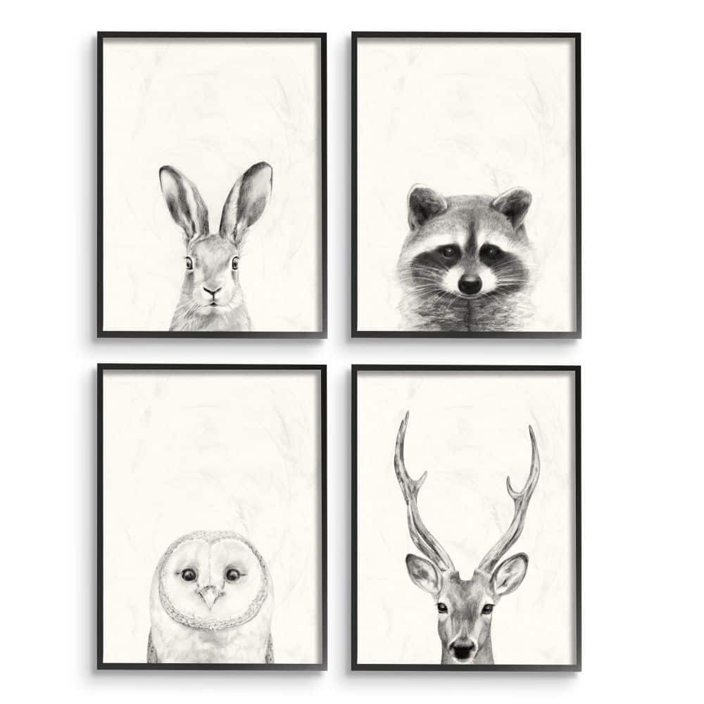 Stupell Woodland Animals Portrait Grey Drawing Design 4pc Multi Piece Framed Wall Art Set