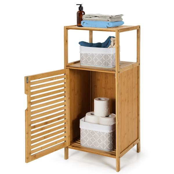 Costway Bamboo Bathroom Storage Floor Cabinet w/Door and Shelf Corner ...