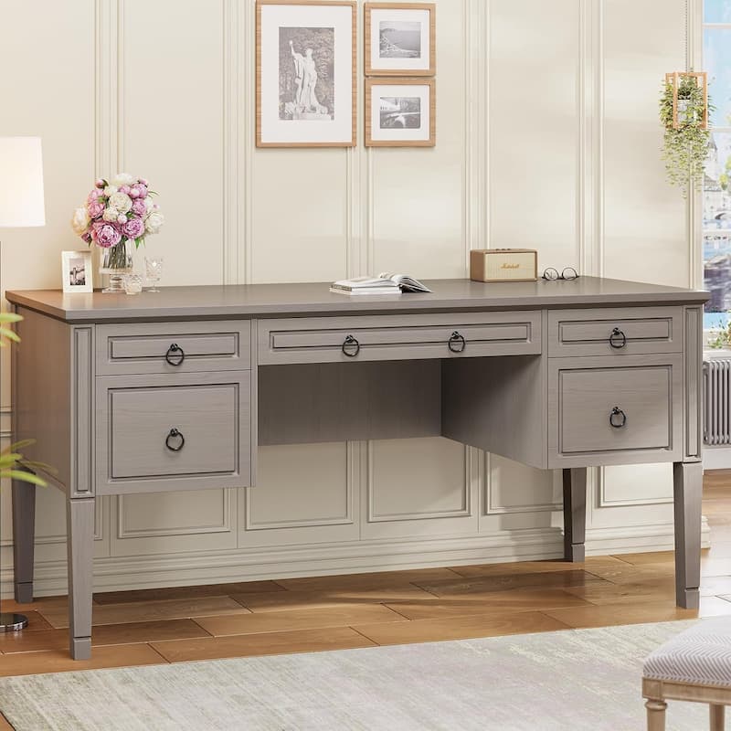Farmhouse Executive L Shaped Desk Home Office Desk with Drawers and Storage Cabinet & Power Outlet