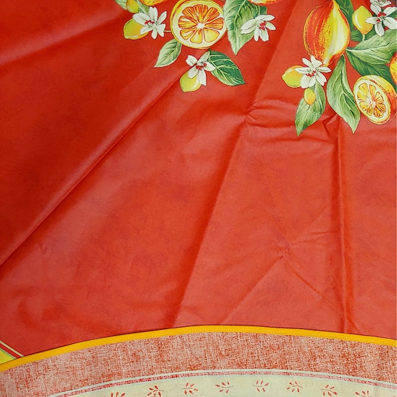 Wipeable Spill Resistant Provencal Cotton Cannes Collection Tablecloth - 71-in Round - Orange Citrons