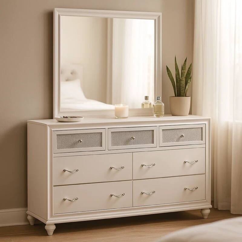 Dini Wide Dresser with Mirror, Glitter-Accented 7 Drawers, White Wood