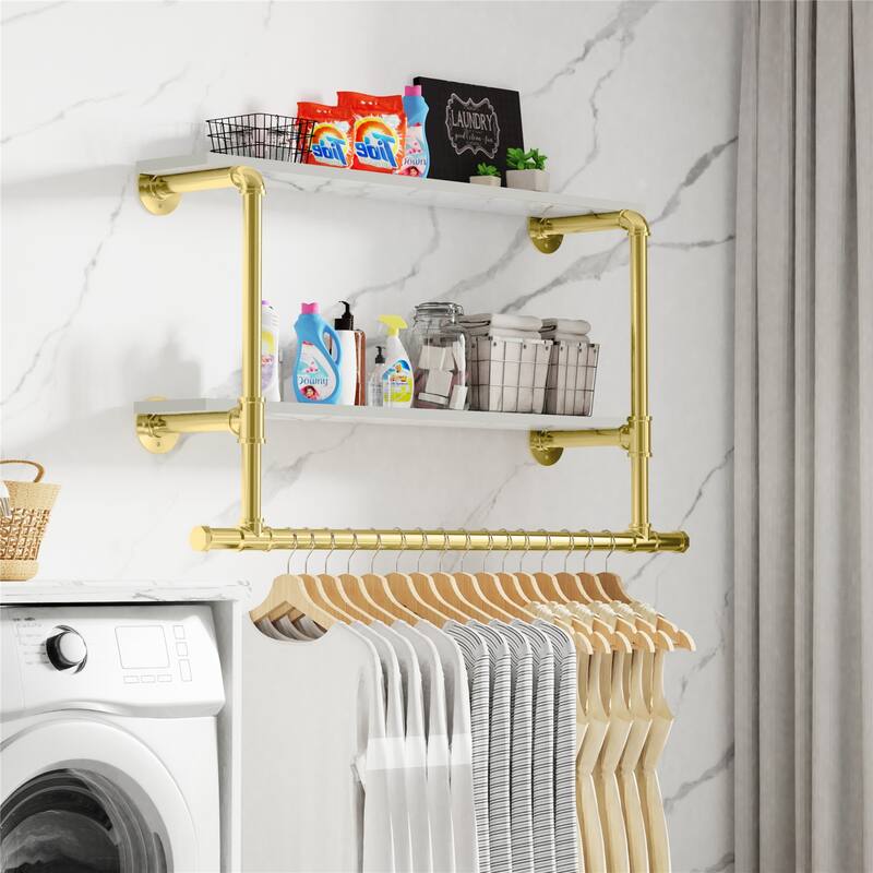 2 Tier Clothes Display Rack Pipe w/Wood Shelves for Garment Storage