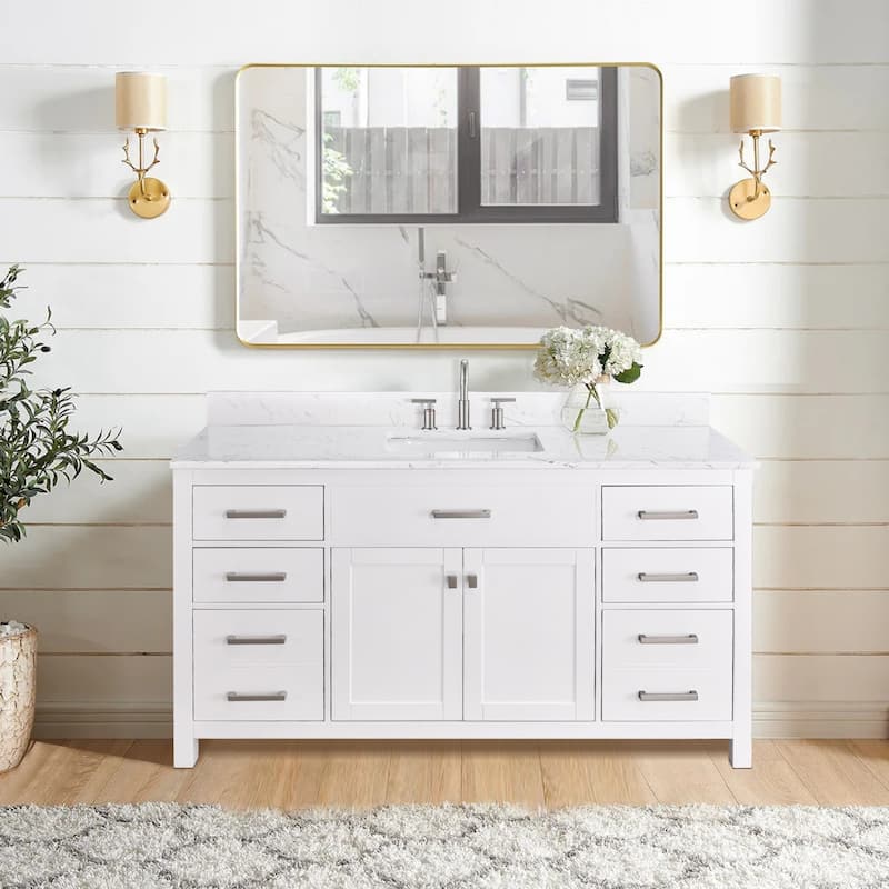 Prismatica Single Sink Bathroom Vanity 60 in White, Marble Countertop & Splash