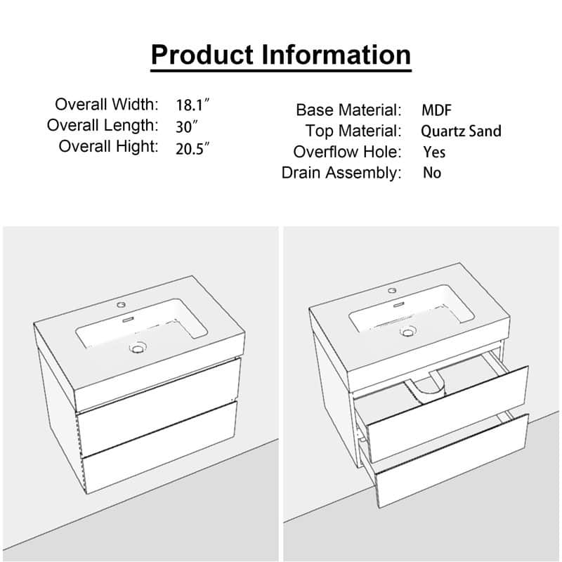 24"/30"/36" Wall-Mounted Bathroom Vanity Set with Black Integrated Quartz Sand Sink