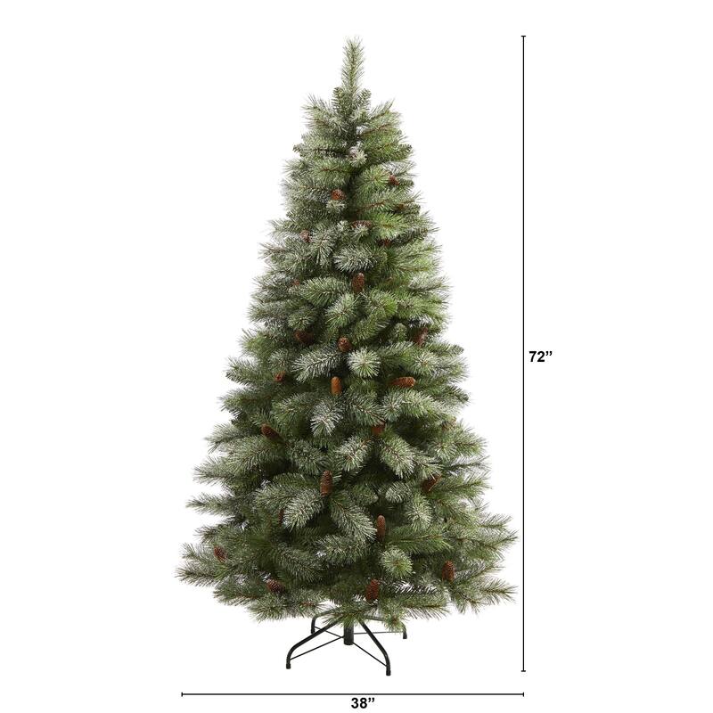 6' Snowed French Alps Mountain Pine Artificial Christmas Tree with 583 Bendable Branches and Pine Cones