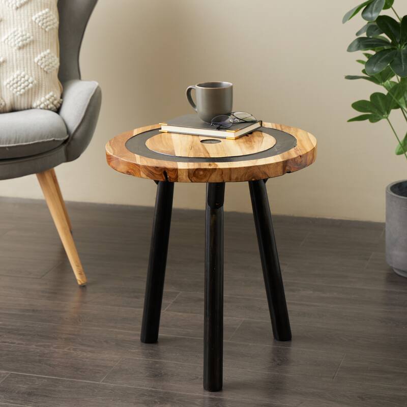 Teak Wood Geometric Layered Circle Accent Table with Black Legs - Brown - Roche River Decor
