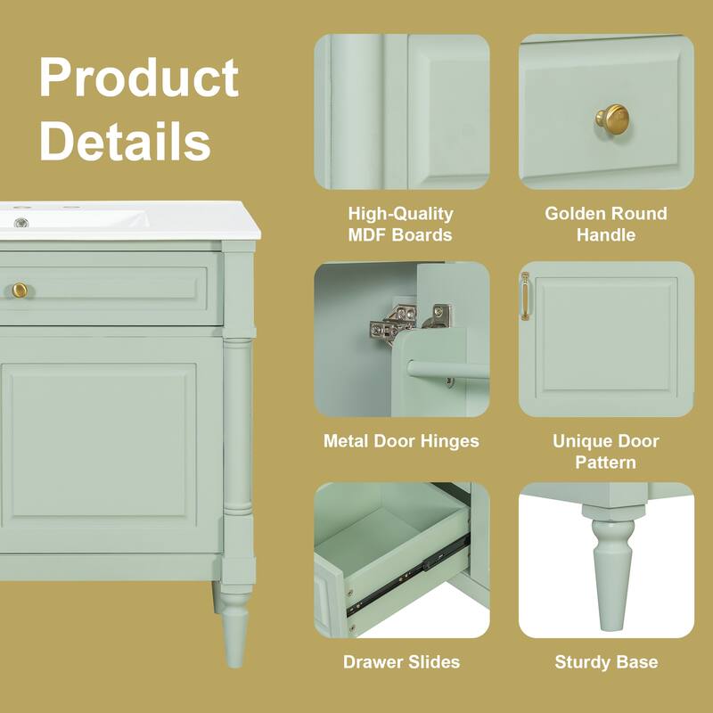 36" Bathroom Vanity with Sink, Freestanding Bathroom Cabinet with Ceramic Basin, Flip Drawer, Adjustable Shelf