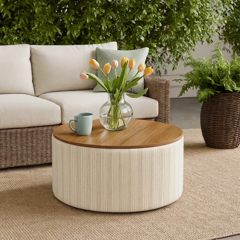 Jena Storage Ottoman, 30 Inch Round Lift Tray Top, Ivory Pinstripes