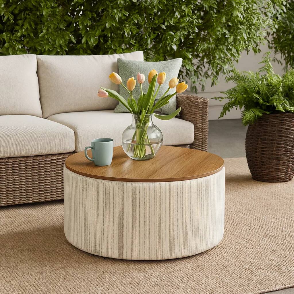 Jena Storage Ottoman, 30 Inch Round Lift Tray Top, Ivory Pinstripes