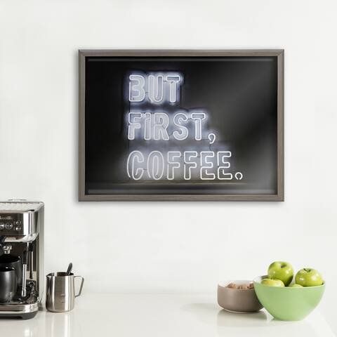 Kate and Laurel Blake But First Coffee Neon Sign Framed Printed Glass by The Creative Bunch Studio