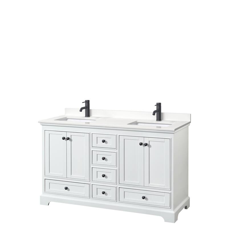 Deborah 60-inch Double Vanity, Quartz Top - White, Black Trim, White Quartz Top