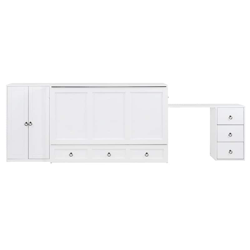 White Queen Size Murphy Bed with USB and Drawer Combo
