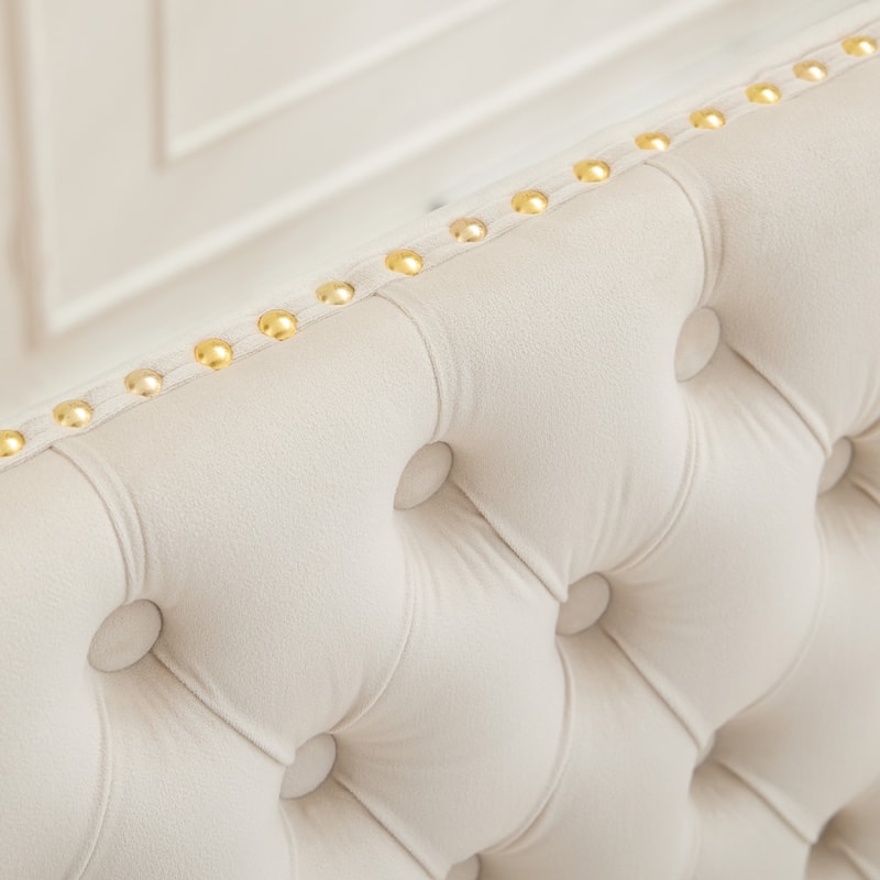 Velvet Double Dining Loveseat Bench, 2-Seat Tufted Bench w/Handmade Buttons, Wing Back, Gold-Plated Steel Legs, Single Pack