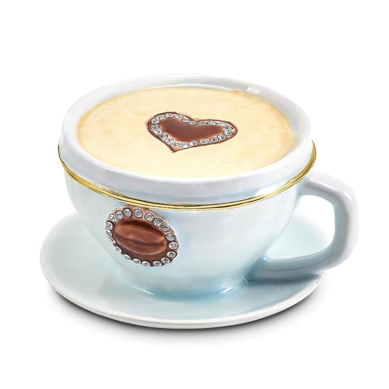 Curata Pewter Bejeweled Crystals Gold-Tone Enameled Caf\x1a Coffee Cup Trinket Box on 18 Inch Necklace