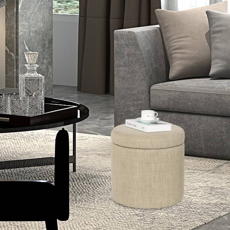 Adeco Round Storage Ottoman, Fabric Stool Footrest with Removable Lid