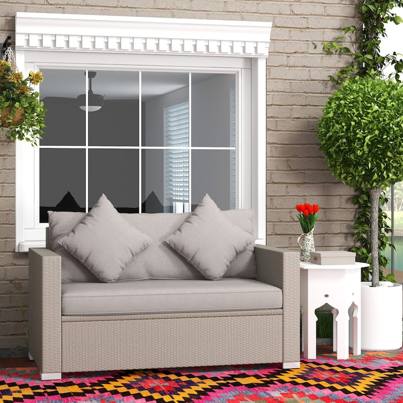 Outsunny Outdoor Wicker Loveseat, Patio Furniture Couch with Cushions, 2 Seats PE Rattan Sofa, 2 Throw Pillows - Grey