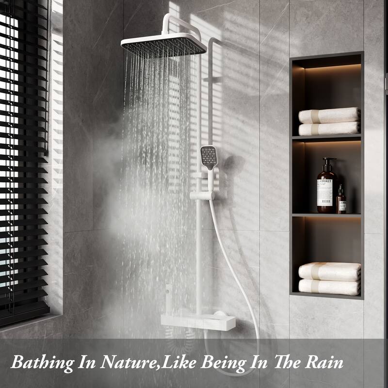 White Thermostatic Shower System with Digital Display, 4 Function Rainfall Shower Head CEC Certified Aluminum Shower Faucet Set