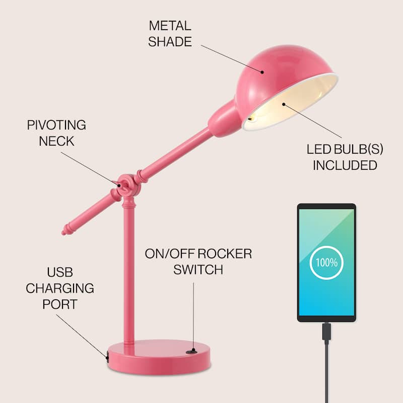 Allegra 20.25" Vintage Industrial Iron Adjustable Dome Shade LED Task Lamp with USB Charging Port, by JONATHAN Y