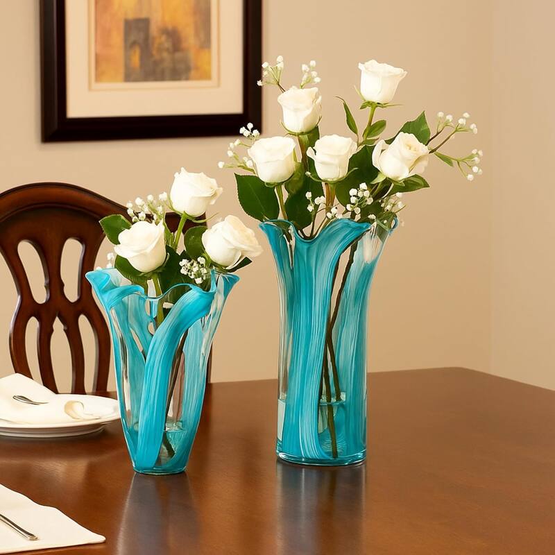 Green Set of 2 Striped Handblown Glass Vases with Broad Rim and Ruffle