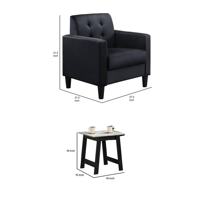 Oz Living Room Set with 2 Velvet Armchairs, Wood Accent End Table, Black