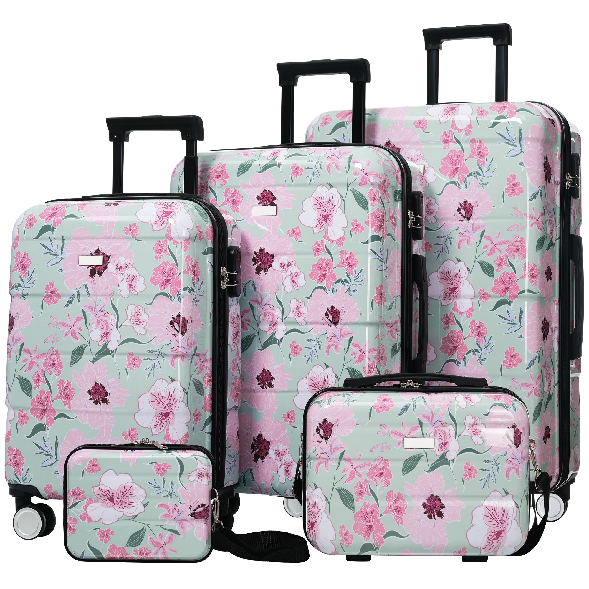 Luggage Sets New Model PC 5pcs, Hardside Lightweight Durable 20IN 24IN 28IN Suitcases with 8" 14" Cases with Lock Spinner Wheels