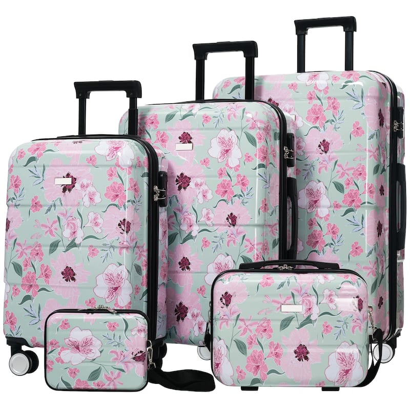 Luggage Sets New Model PC 5pcs, Hardside Lightweight Durable 20IN 24IN 28IN Suitcases with 8" 14" Cases with Lock Spinner Wheels - Green & Pink Flower